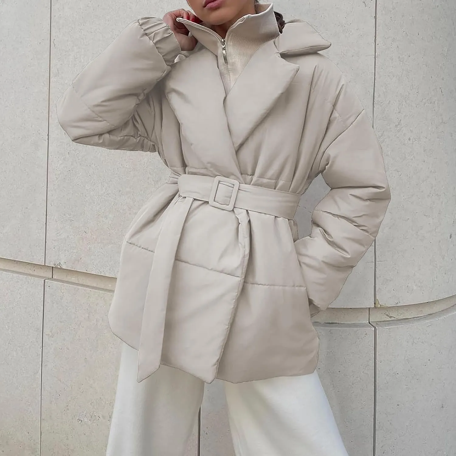 Womens Hooded Quilted Puffer Jacket Mid-Length Padded Warm Winter Heavyweight Coat Outerwear with Belt
