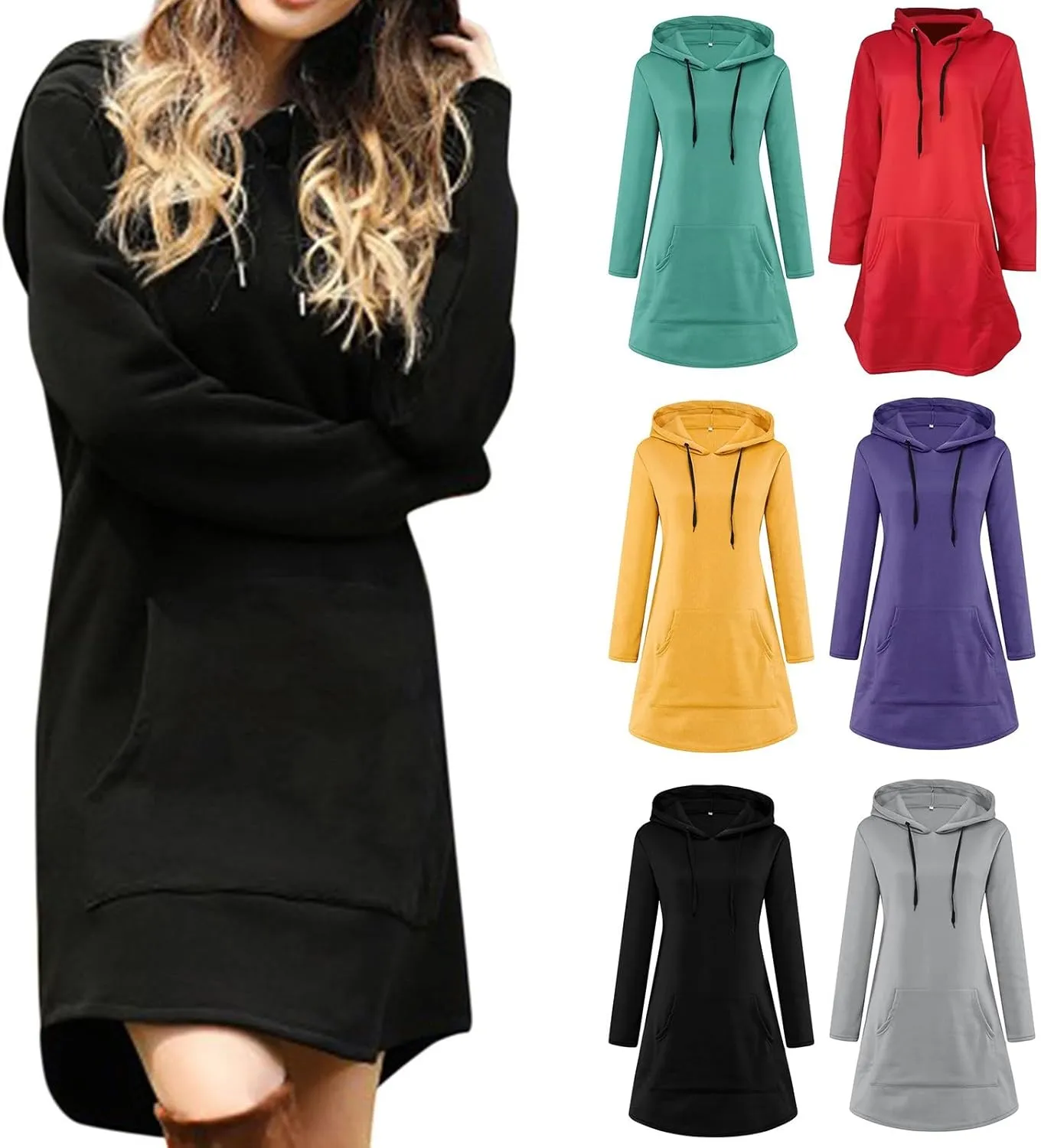 Womens Hoodie Dress Long Sleeve Drawstring Tunic Sweatshirt Dress Casual Hoodies Pullover Mini Dresses
