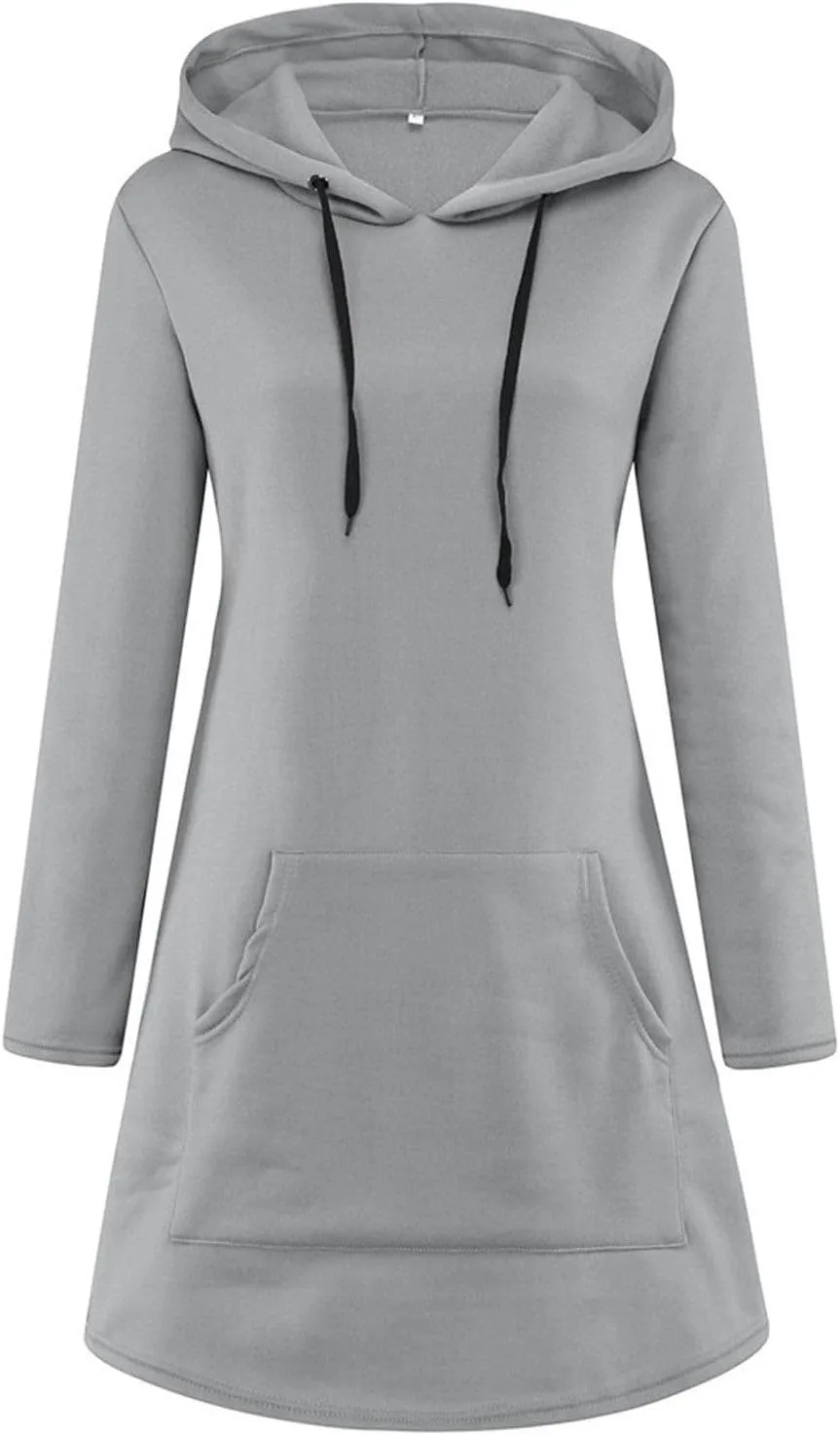 Womens Hoodie Dress Long Sleeve Drawstring Tunic Sweatshirt Dress Casual Hoodies Pullover Mini Dresses