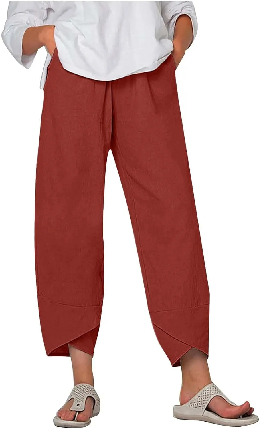 Womens Linen Pants Summer Beach High Waisted Oversized Cropped Pants Casual Loose Fit Trousers 2025 Vacation Clothes
