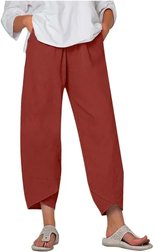 Womens Linen Pants Summer Beach High Waisted Oversized Cropped Pants Casual Loose Fit Trousers 2025 Vacation Clothes
