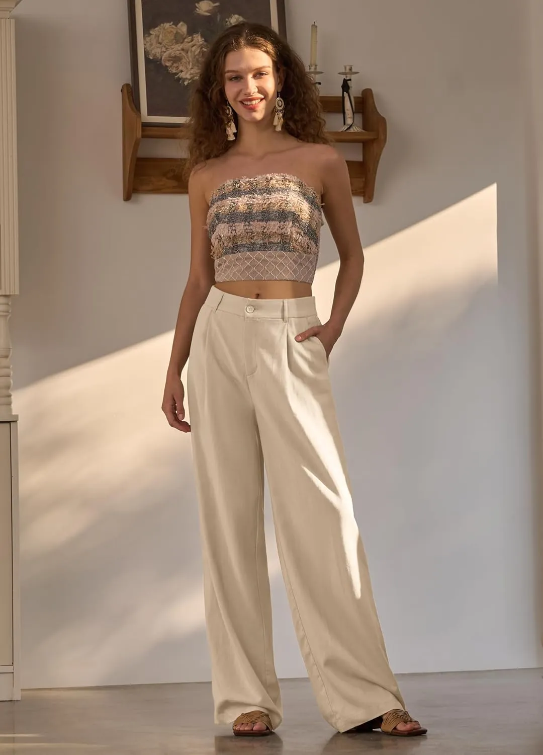 Women's Linen Pants Wide Leg Dressy Casual Beach Linen Pants Summer with Pockets 29" 31"
