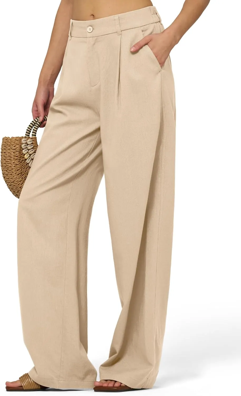 Women's Linen Pants Wide Leg Dressy Casual Beach Linen Pants Summer with Pockets 29" 31"