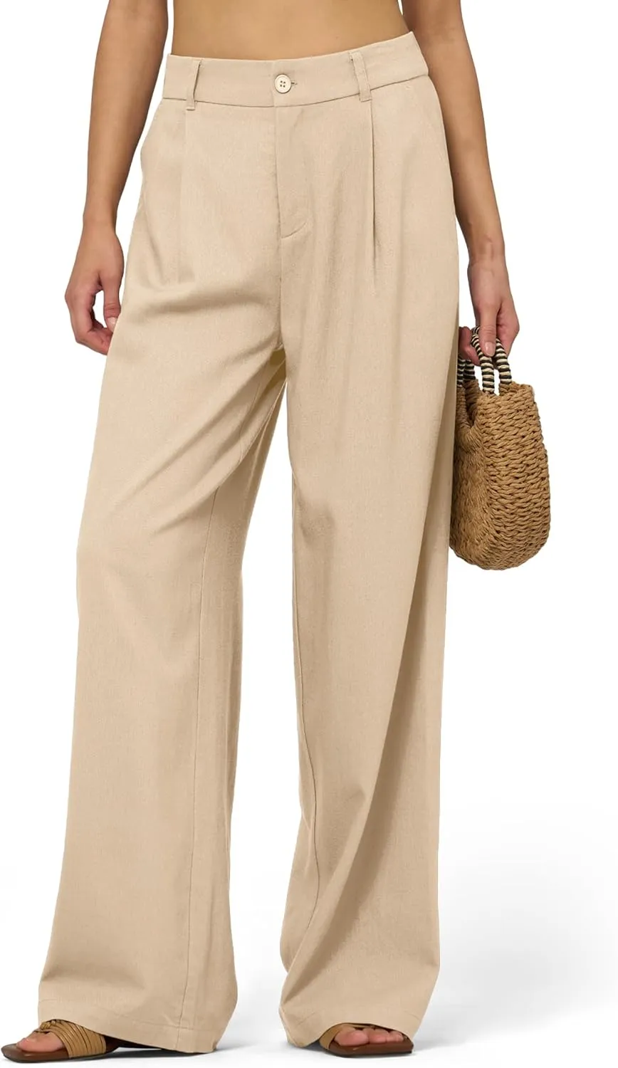 Women's Linen Pants Wide Leg Dressy Casual Beach Linen Pants Summer with Pockets 29" 31"