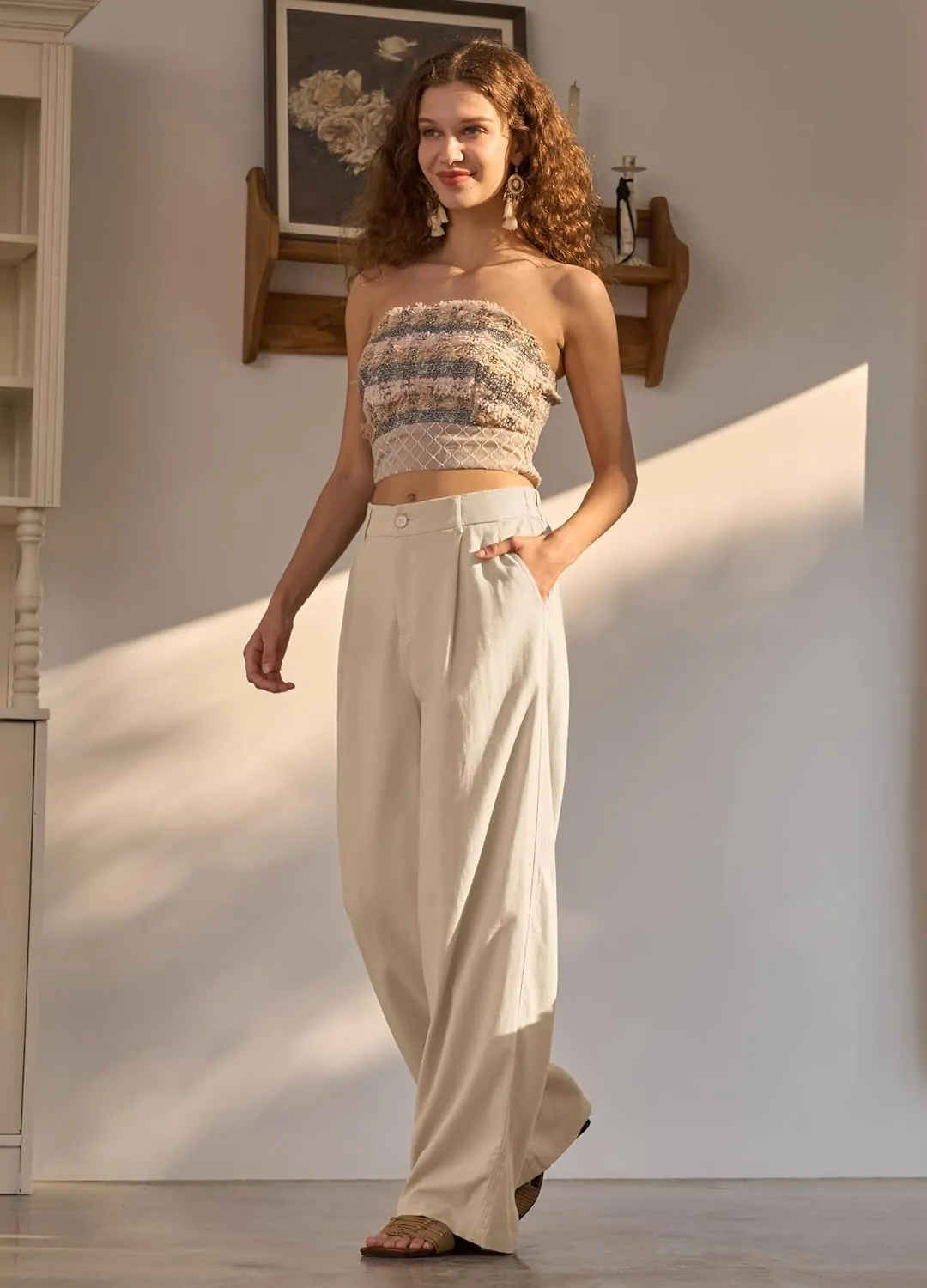 Women's Linen Pants Wide Leg Dressy Casual Beach Linen Pants Summer with Pockets 29" 31"