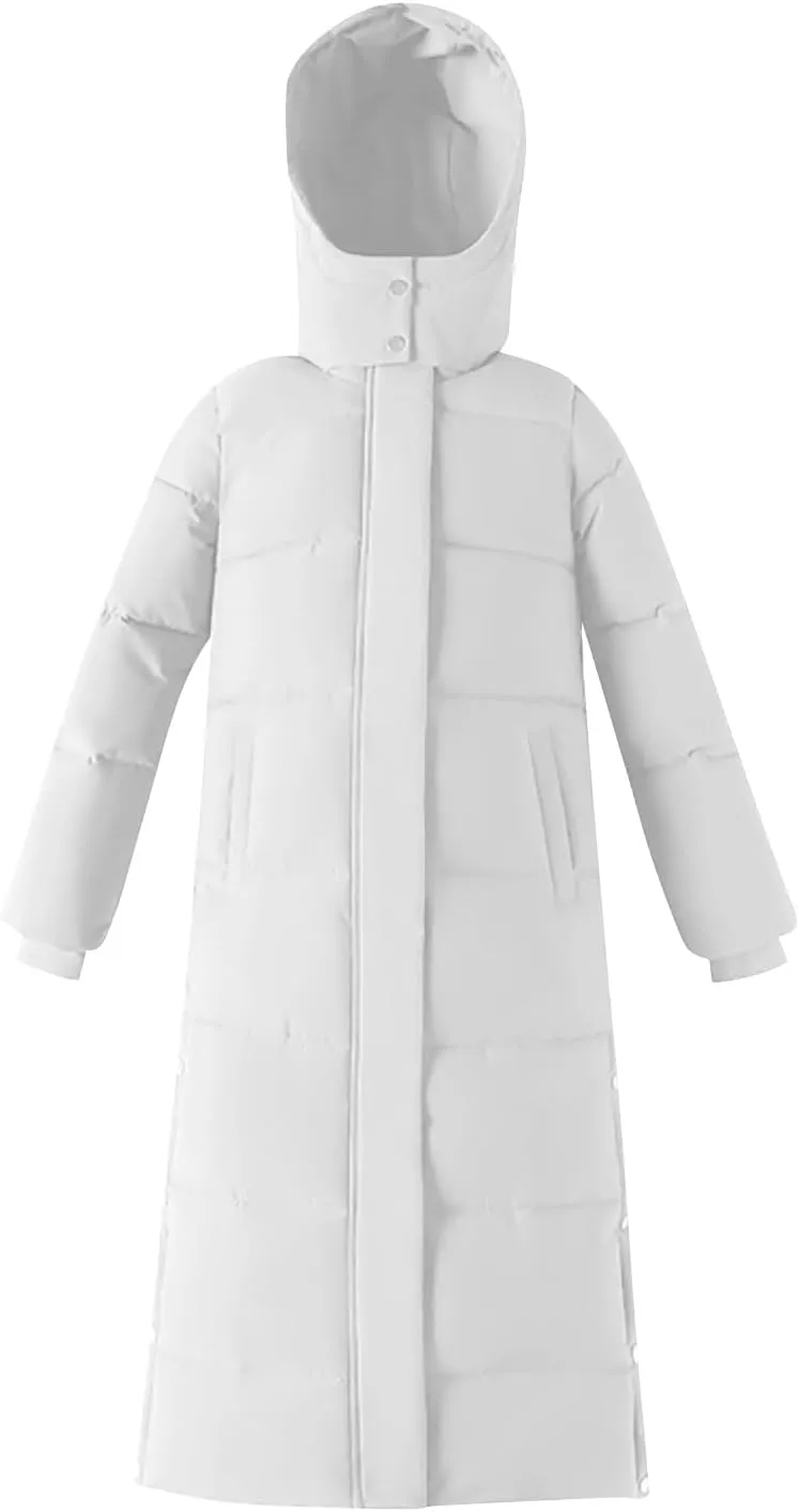 Women's Long Quilted Coat Maxi Length Hooded Puffer Jacket Side Split Thicken Padded Down Coats Winter Outerwear