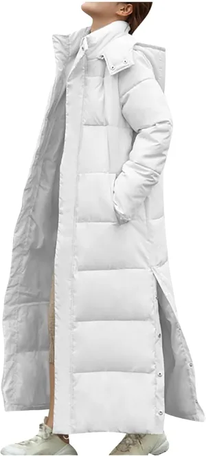 Women's Long Quilted Coat Maxi Length Hooded Puffer Jacket Side Split Thicken Padded Down Coats Winter Outerwear