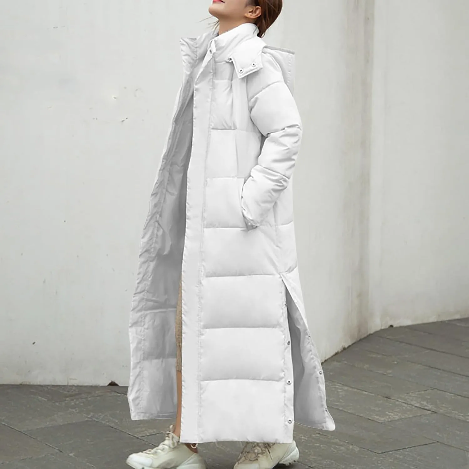 Women's Long Quilted Coat Maxi Length Hooded Puffer Jacket Side Split Thicken Padded Down Coats Winter Outerwear