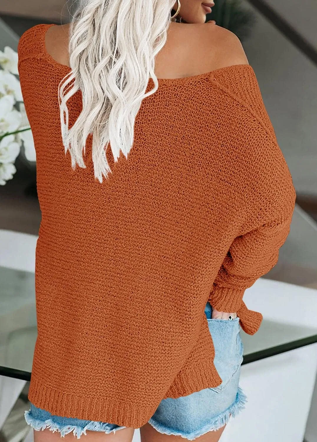 Women’s Off Shoulder Knit Sweaters Oversized V Neck Long Sleeve Loose Lightweight Pullover Tops