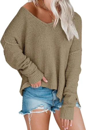 Women’s Off Shoulder Knit Sweaters Oversized V Neck Long Sleeve Loose Lightweight Pullover Tops