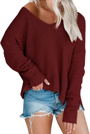 Women’s Off Shoulder Knit Sweaters Oversized V Neck Long Sleeve Loose Lightweight Pullover Tops