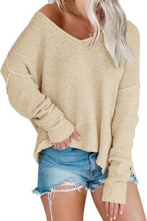 Women’s Off Shoulder Knit Sweaters Oversized V Neck Long Sleeve Loose Lightweight Pullover Tops