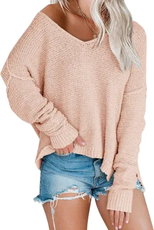 Women’s Off Shoulder Knit Sweaters Oversized V Neck Long Sleeve Loose Lightweight Pullover Tops