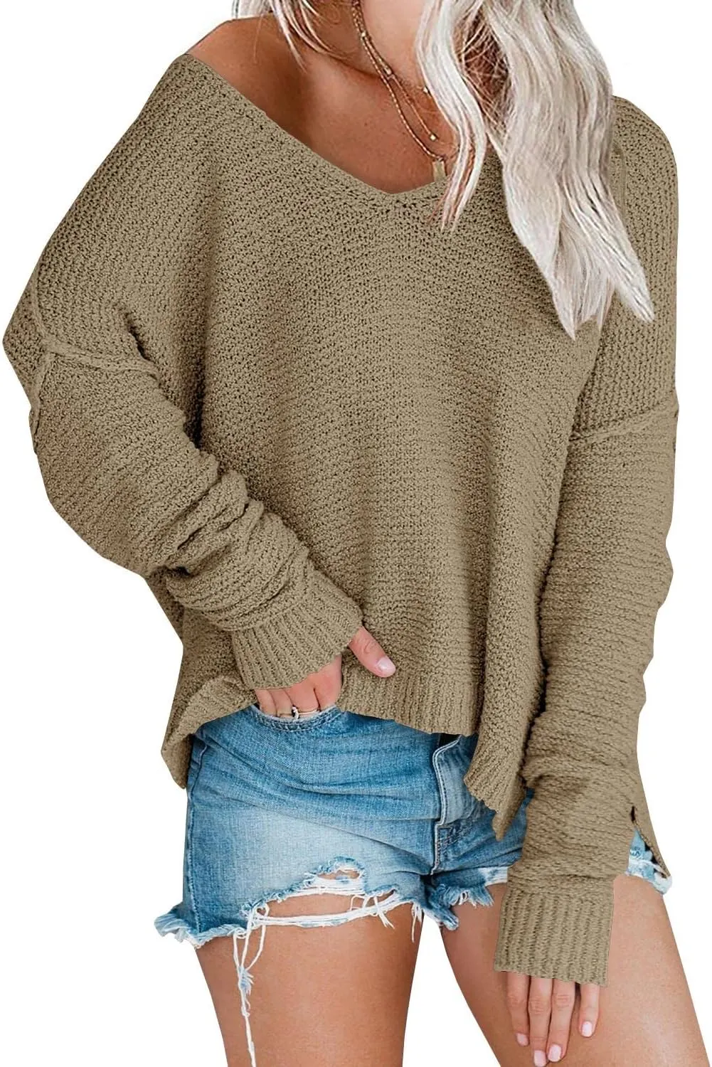 Women’s Off Shoulder Knit Sweaters Oversized V Neck Long Sleeve Loose Lightweight Pullover Tops