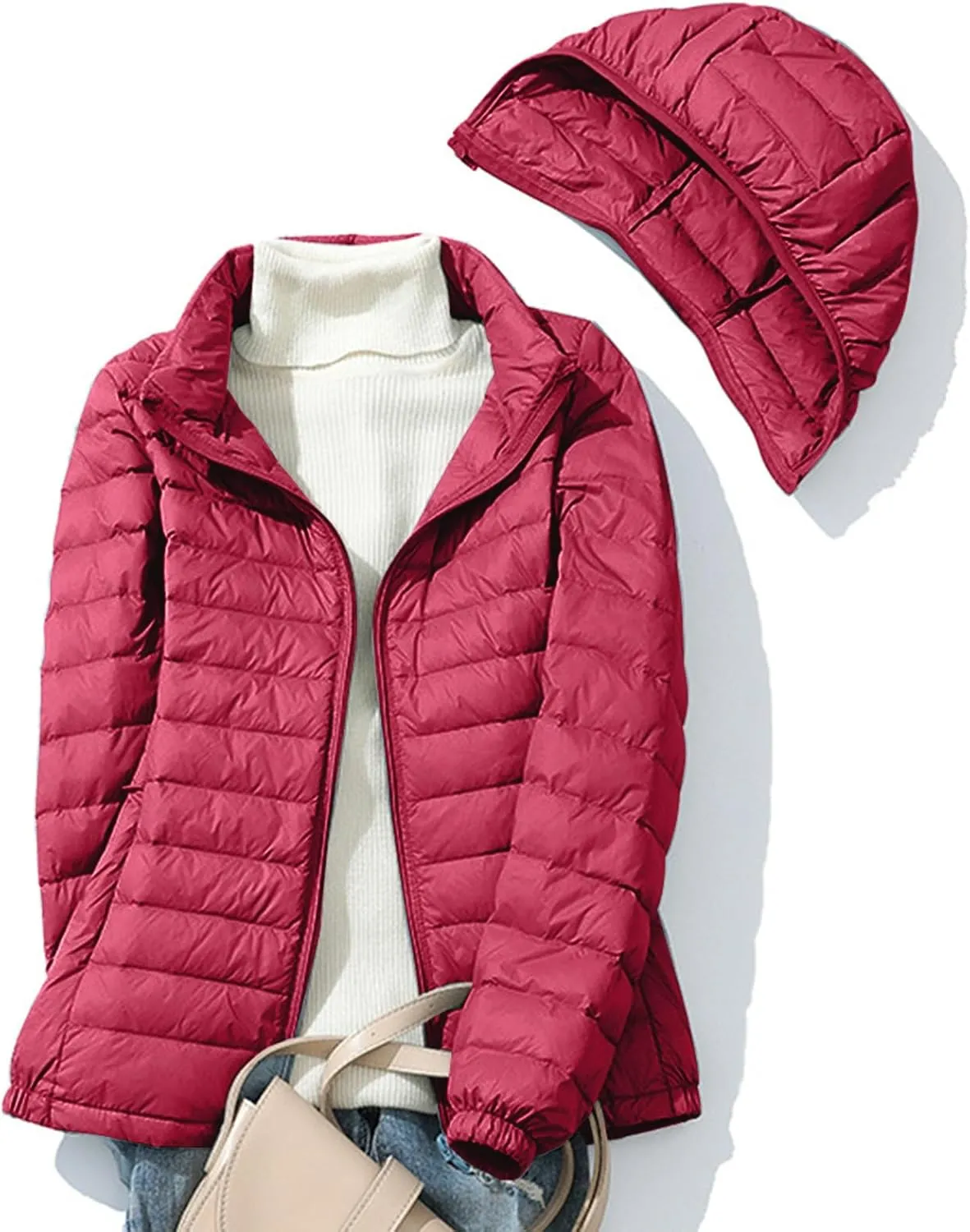 Women's Oversized Quilted Puffer Jacket Lightweight Packable Down Coat with Removable Hood Winter Thermal Outerwear