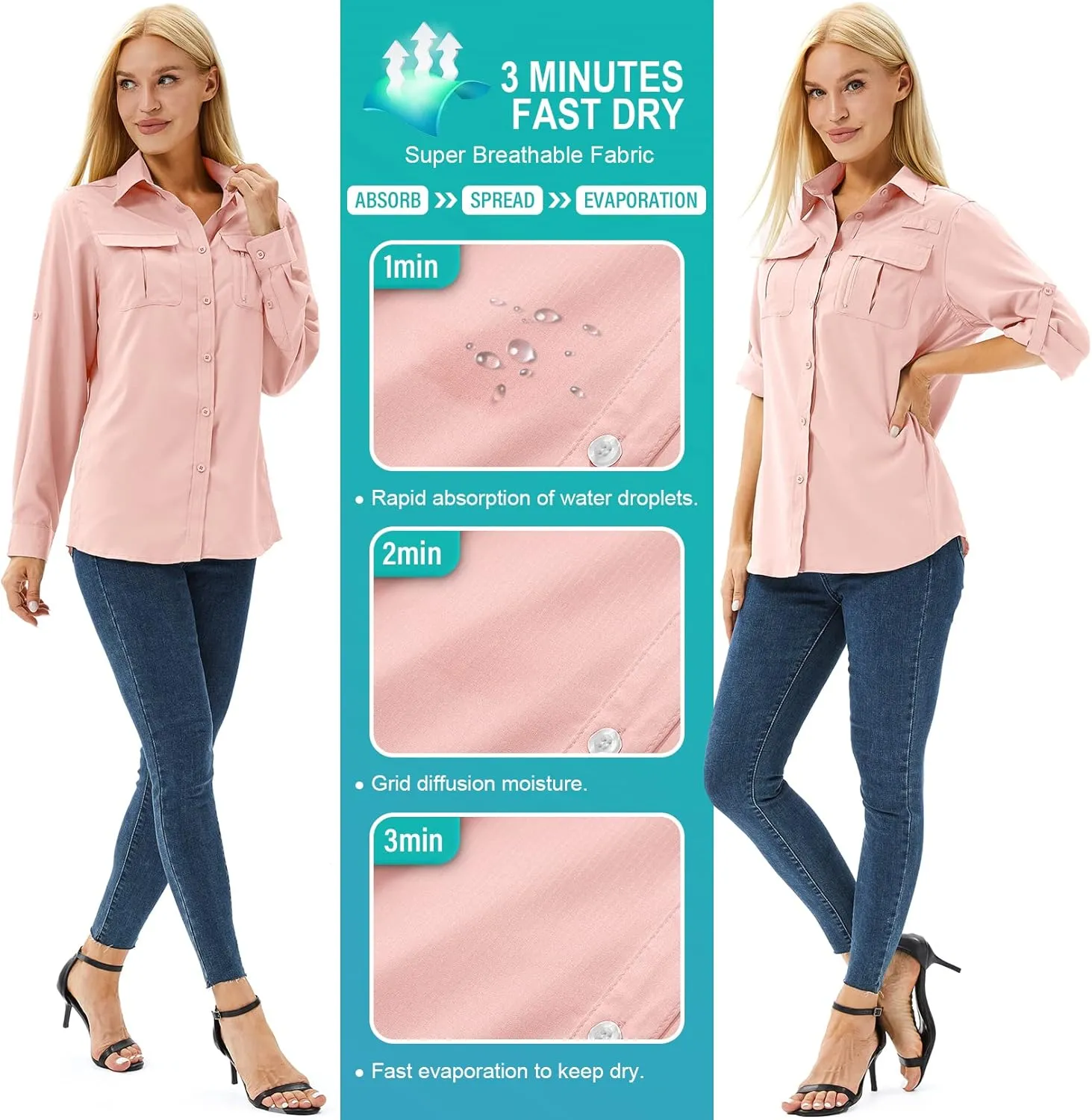 Women's Safari Shirts Long Sleeve Hiking Fishing UV Sun Protection UPF 50 ,Quick Dry SPF Breathable Shirts