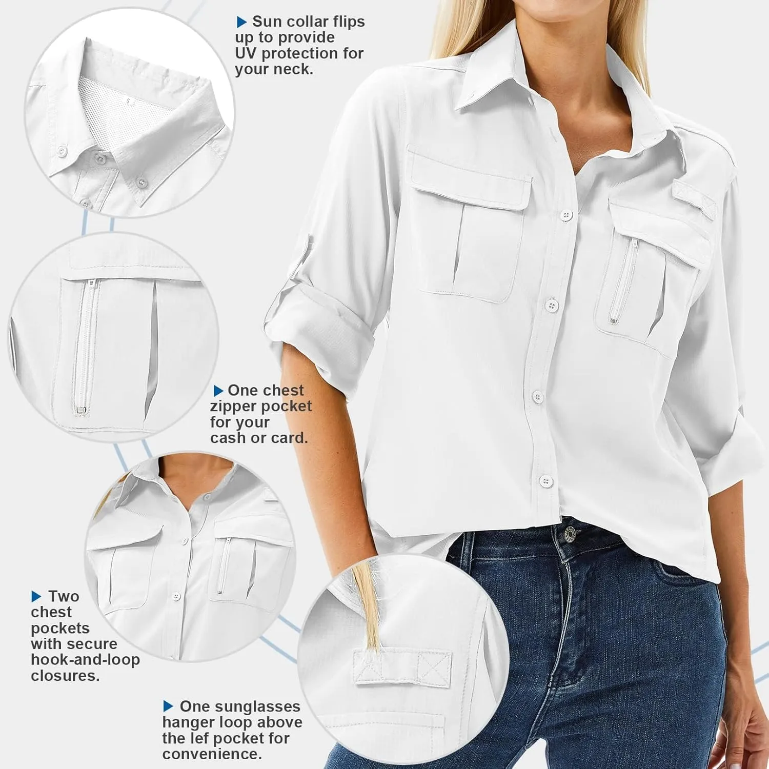 Women's Safari Shirts Long Sleeve Hiking Fishing UV Sun Protection UPF 50 ,Quick Dry SPF Breathable Shirts