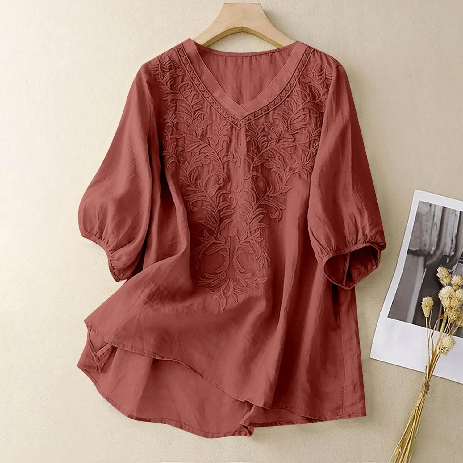 Womens Short Sleeve Linen Shirt Casual Round Neck Basic T Shirts Floral Print Loose Fit Summer Tee Top