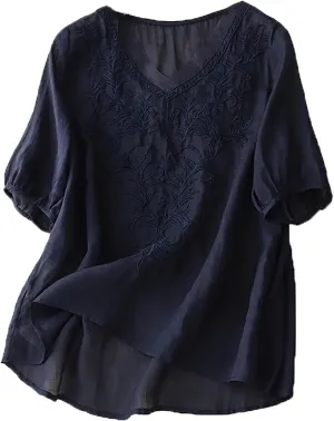 Womens Short Sleeve Linen Shirt Casual Round Neck Basic T Shirts Floral Print Loose Fit Summer Tee Top