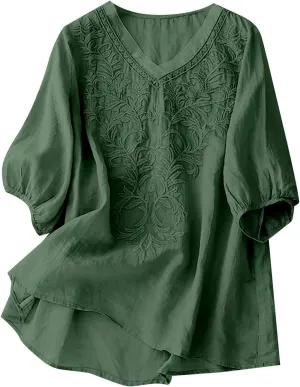 Womens Short Sleeve Linen Shirt Casual Round Neck Basic T Shirts Floral Print Loose Fit Summer Tee Top