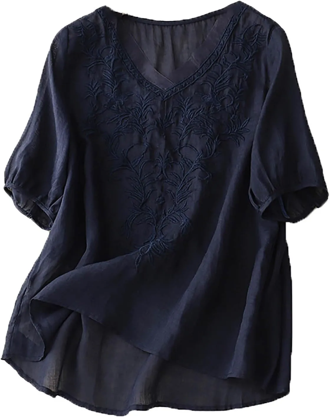 Womens Short Sleeve Linen Shirt Casual Round Neck Basic T Shirts Floral Print Loose Fit Summer Tee Top