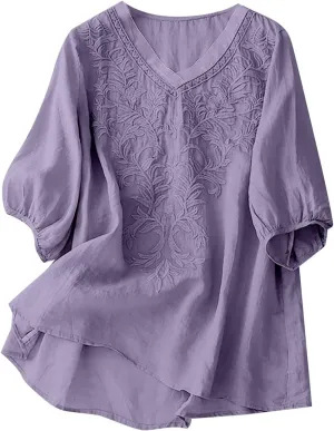 Womens Short Sleeve Linen Shirt Casual Round Neck Basic T Shirts Floral Print Loose Fit Summer Tee Top