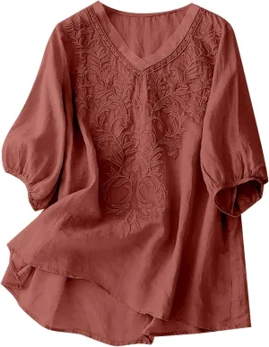 Womens Short Sleeve Linen Shirt Casual Round Neck Basic T Shirts Floral Print Loose Fit Summer Tee Top