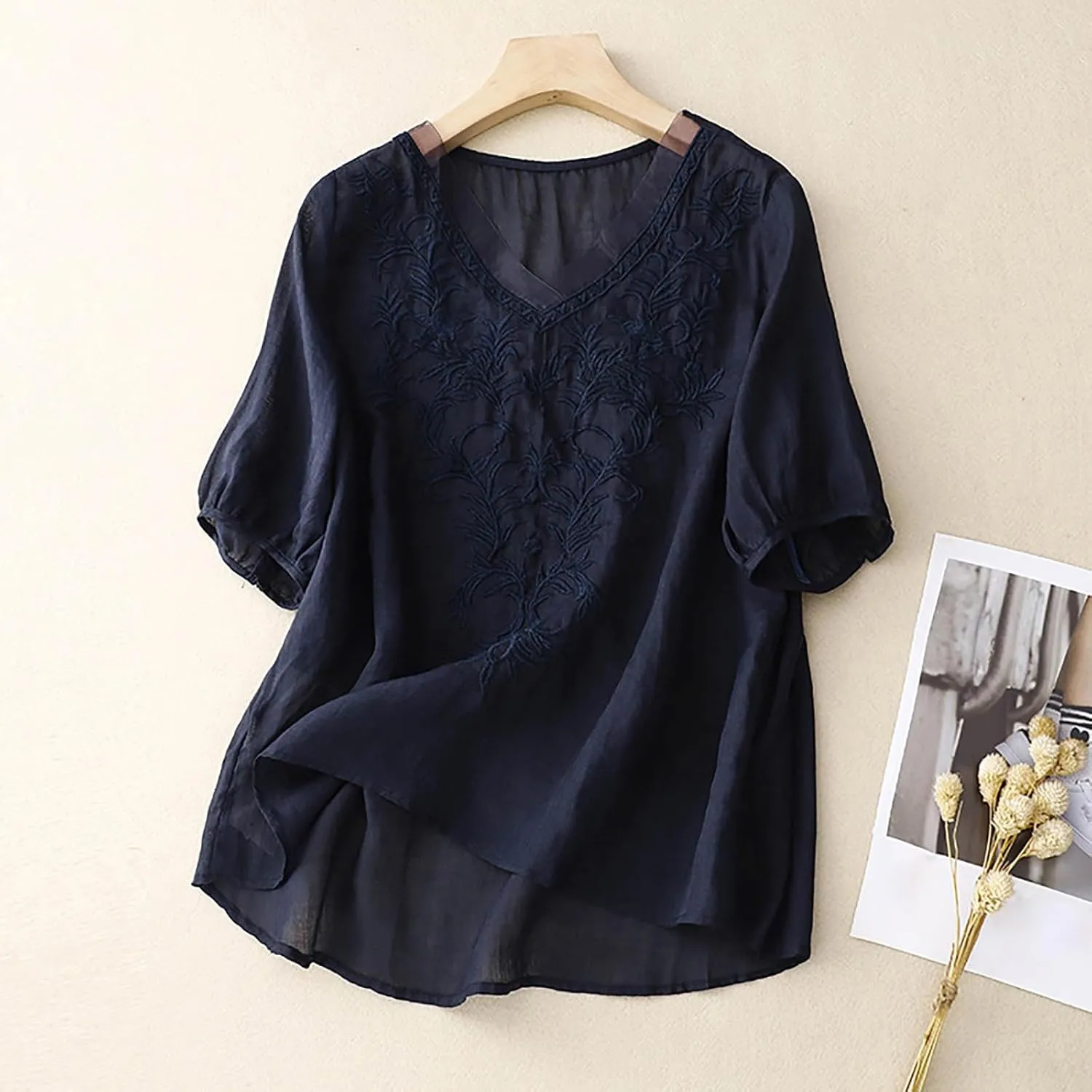 Womens Short Sleeve Linen Shirt Casual Round Neck Basic T Shirts Floral Print Loose Fit Summer Tee Top