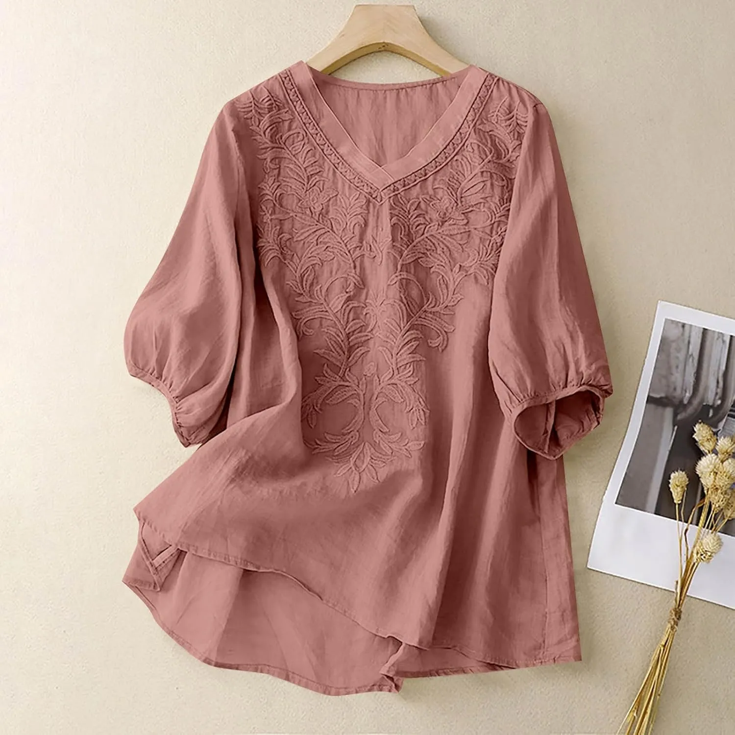 Womens Short Sleeve Linen Shirt Casual Round Neck Basic T Shirts Floral Print Loose Fit Summer Tee Top