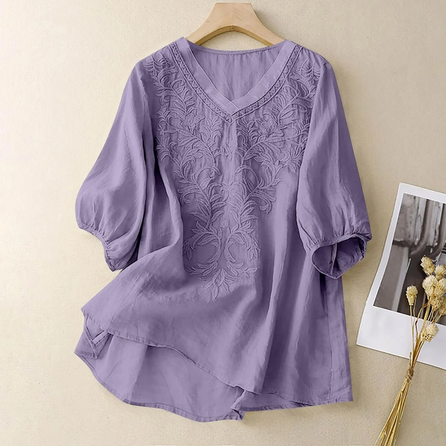 Womens Short Sleeve Linen Shirt Casual Round Neck Basic T Shirts Floral Print Loose Fit Summer Tee Top