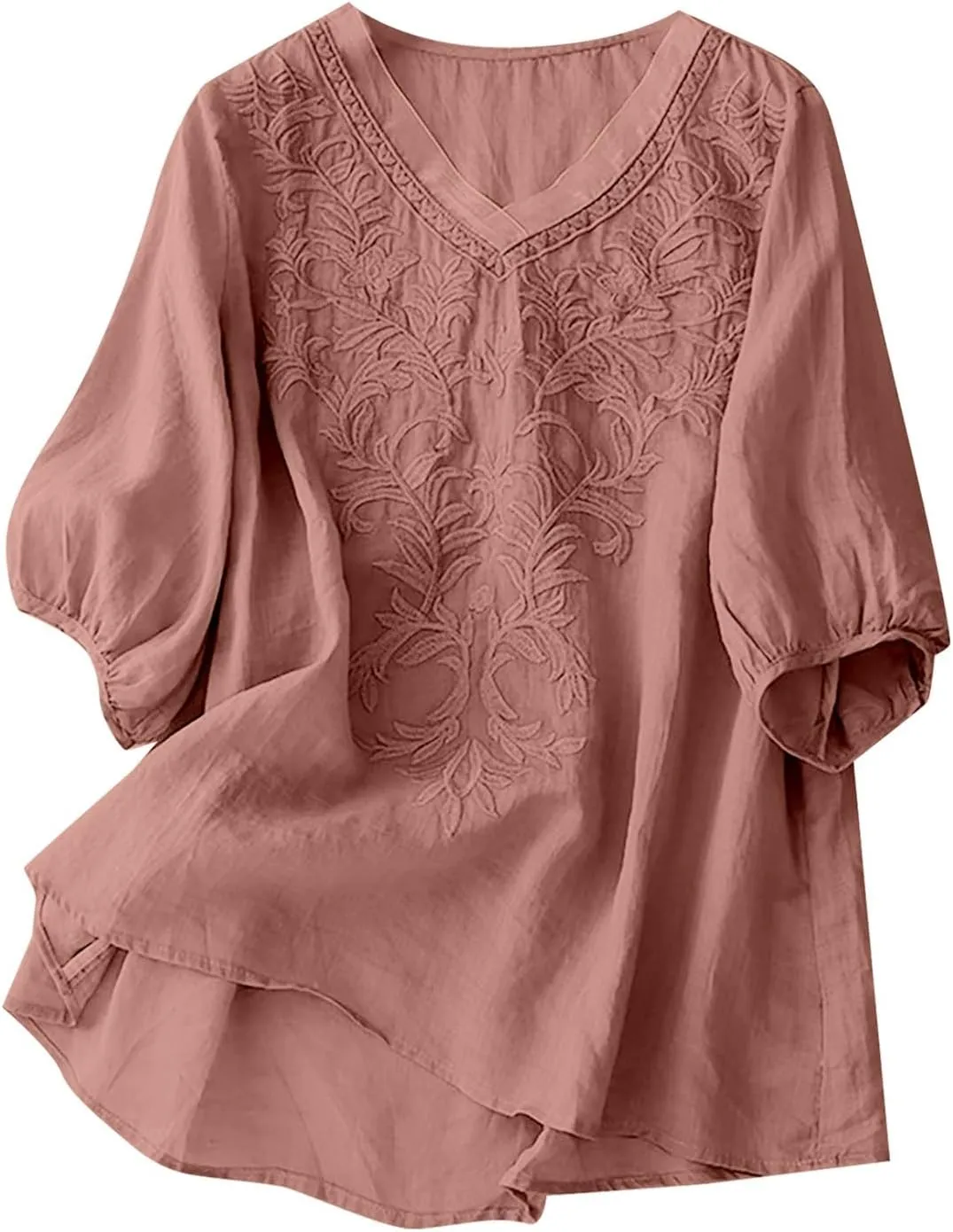 Womens Short Sleeve Linen Shirt Casual Round Neck Basic T Shirts Floral Print Loose Fit Summer Tee Top