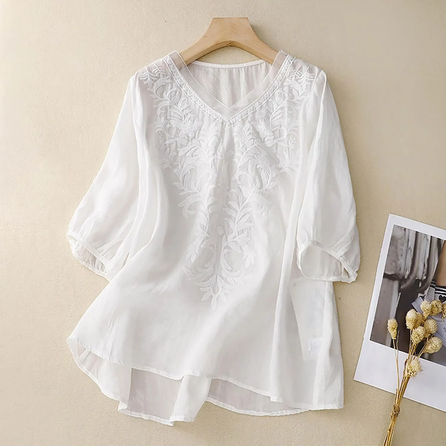 Womens Short Sleeve Linen Shirt Casual Round Neck Basic T Shirts Floral Print Loose Fit Summer Tee Top
