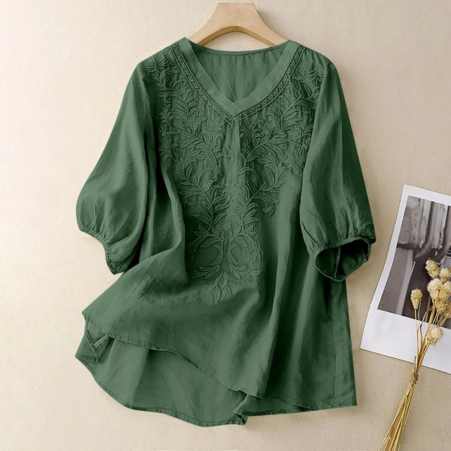 Womens Short Sleeve Linen Shirt Casual Round Neck Basic T Shirts Floral Print Loose Fit Summer Tee Top