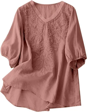 Womens Short Sleeve Linen Shirt Casual Round Neck Basic T Shirts Floral Print Loose Fit Summer Tee Top