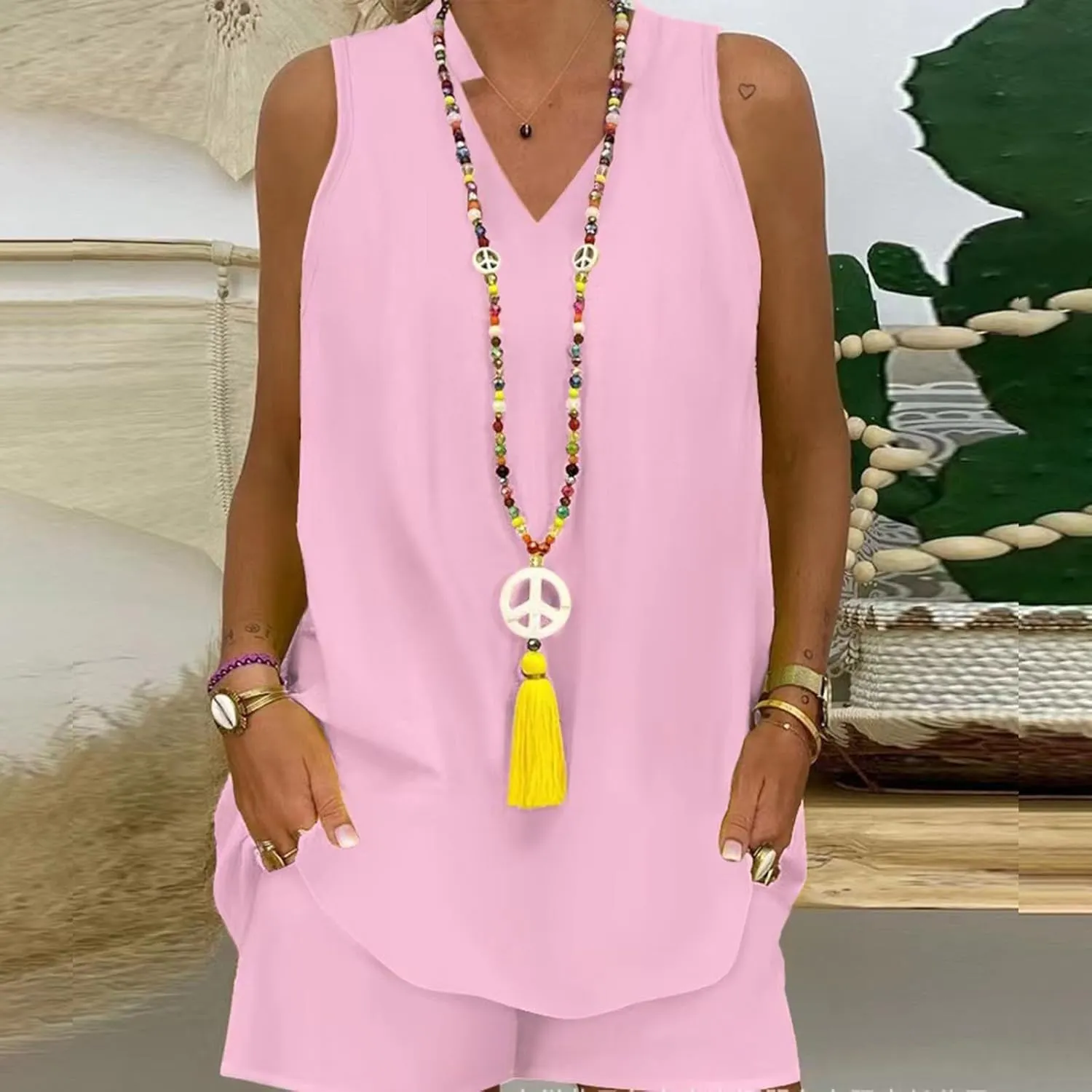 Women's Summer 2 Piece Outfits Summer Casual Sleeveless V Neck Tank Top Loose Shorts Sets Beach Vacation Loungewear