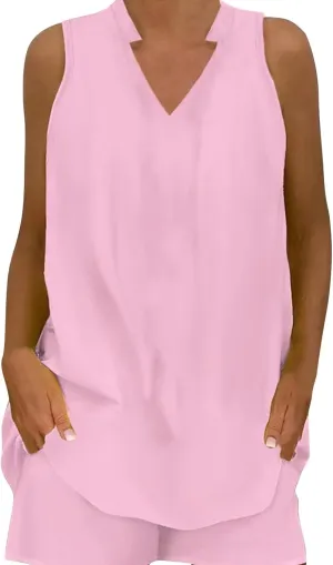 Women's Summer 2 Piece Outfits Summer Casual Sleeveless V Neck Tank Top Loose Shorts Sets Beach Vacation Loungewear