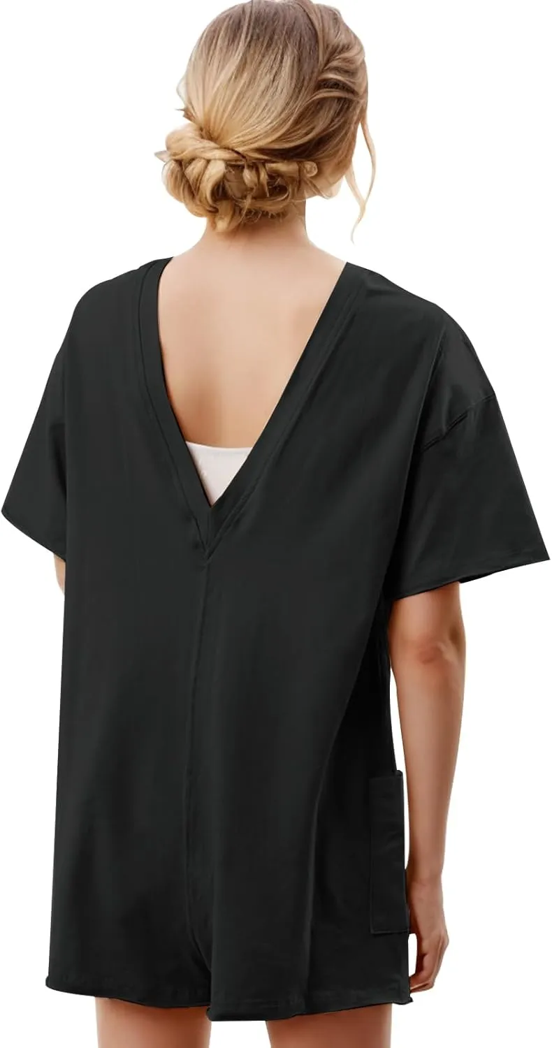 Women's Summer Casual Rompers Short Sleeve Oversized Workout Athletic Tee Romper Onesie Loose Shorts Jumpsuit