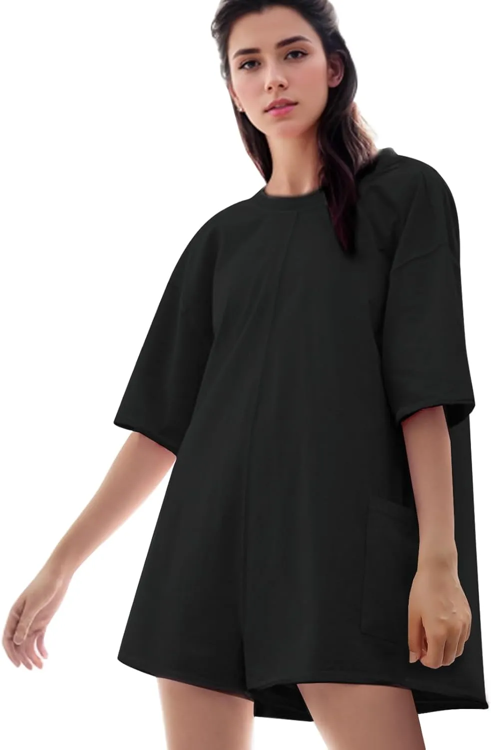 Women's Summer Casual Rompers Short Sleeve Oversized Workout Athletic Tee Romper Onesie Loose Shorts Jumpsuit