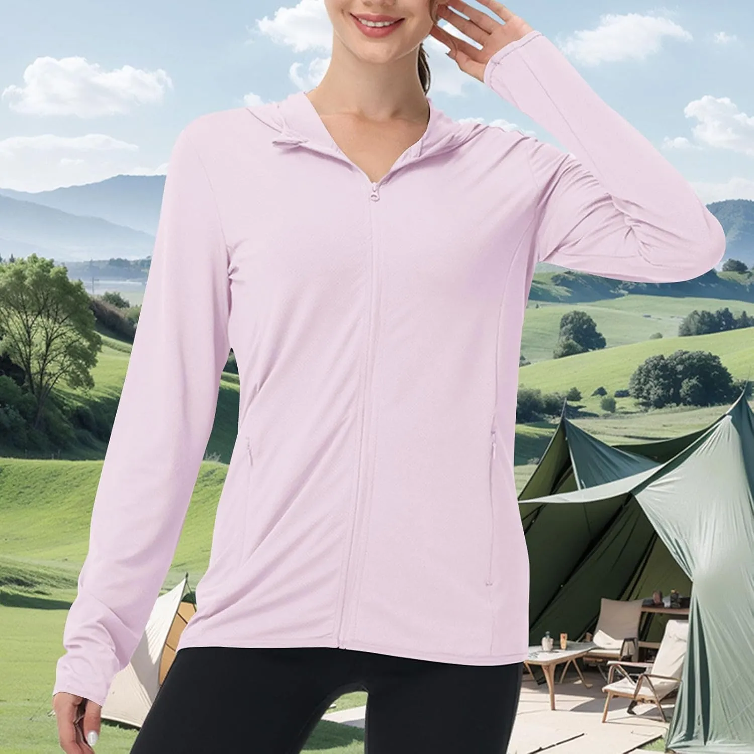 Womens UPF 50  Sun Protection Hoodie Sun Shirt Lightweight Long Sleeve Jacket UV Rash Guard Zip Front Outdoor Top