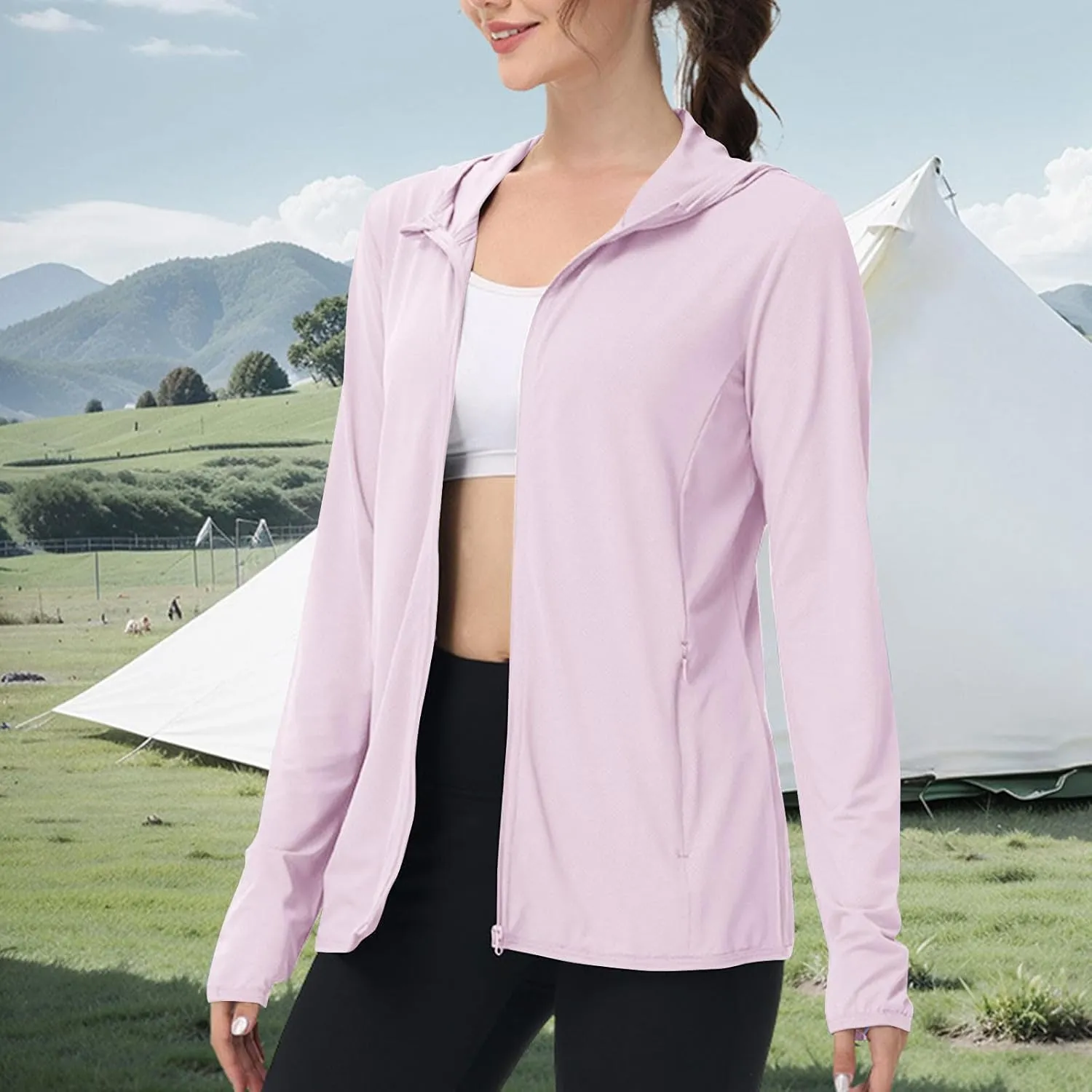 Womens UPF 50  Sun Protection Hoodie Sun Shirt Lightweight Long Sleeve Jacket UV Rash Guard Zip Front Outdoor Top