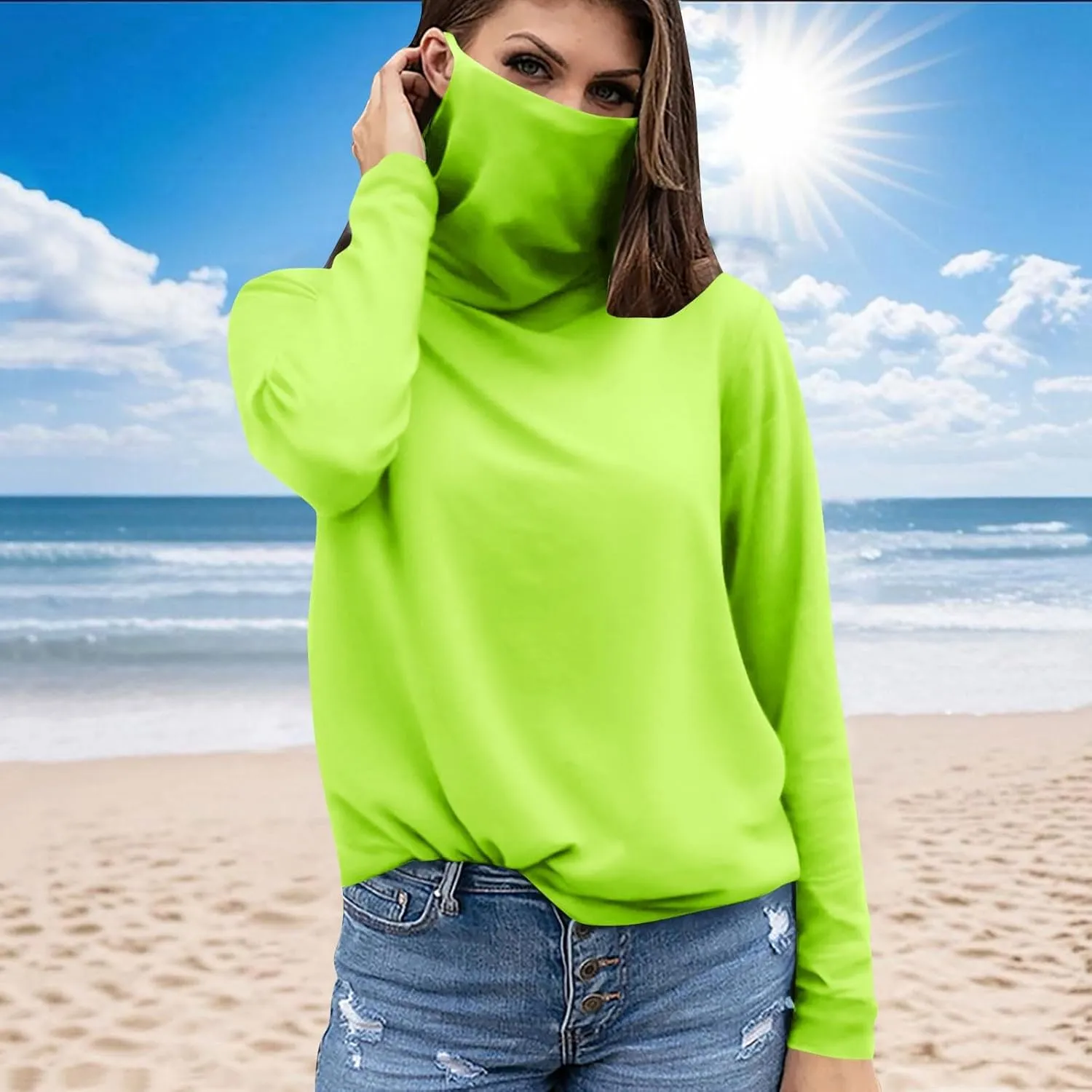 Women's UPF 50  Sun Protection Shirt with Face Mask Breathable Long Sleeve Sunshirt Summer Outdoor Rash Guard Tops