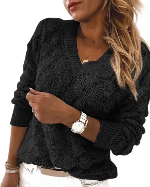 Women's V Neck Long Sleeve Pullover Sweater Lightweight Knit Sweaters Novelty Sweaters