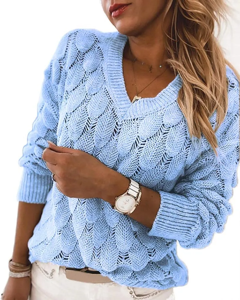 Women's V Neck Long Sleeve Pullover Sweater Lightweight Knit Sweaters Novelty Sweaters