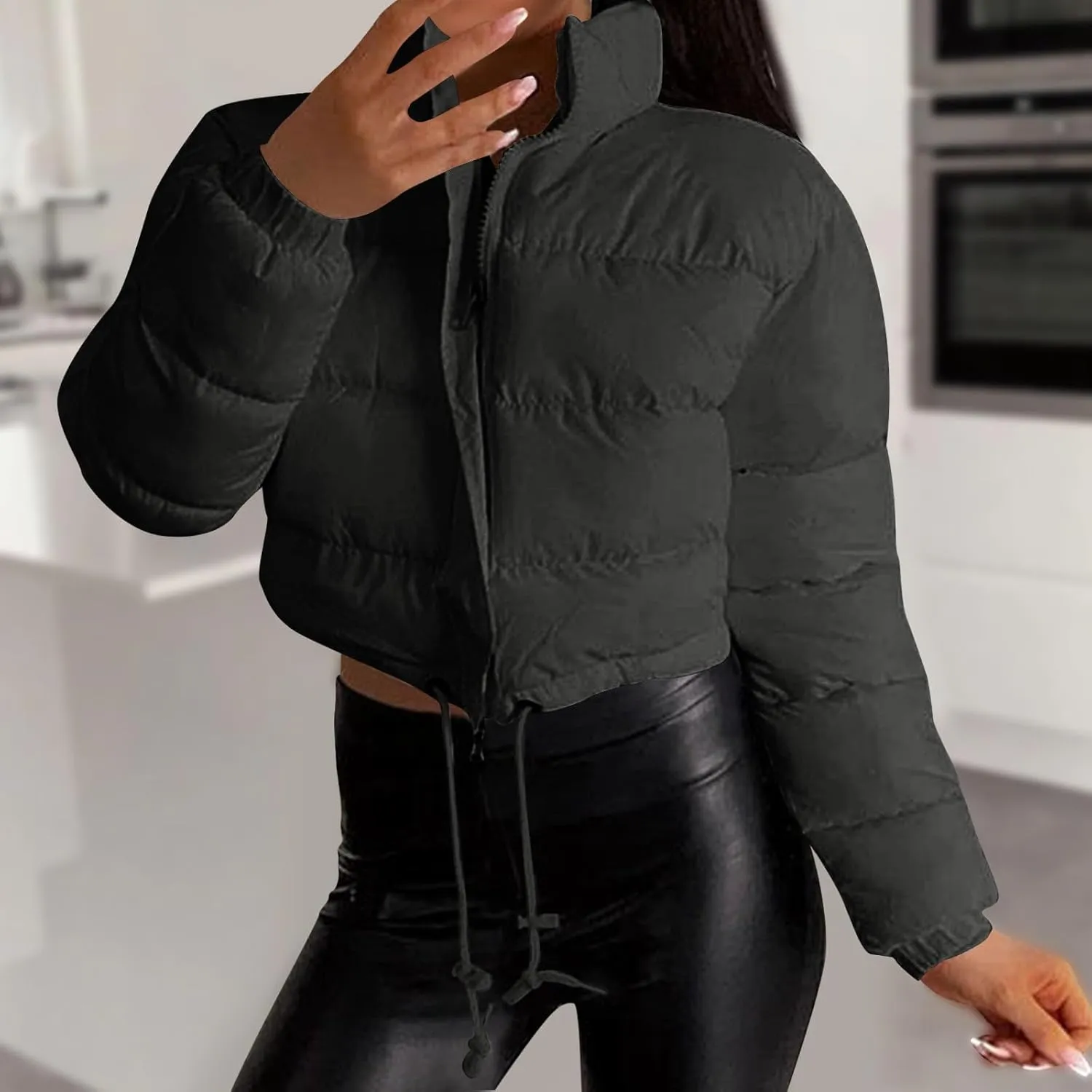 Women's Winter Cropped Puffer Jacket Stand Collar Zip Drawstring Short Padded Down Coats Slim Fit Outerwear
