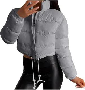 Women's Winter Cropped Puffer Jacket Stand Collar Zip Drawstring Short Padded Down Coats Slim Fit Outerwear