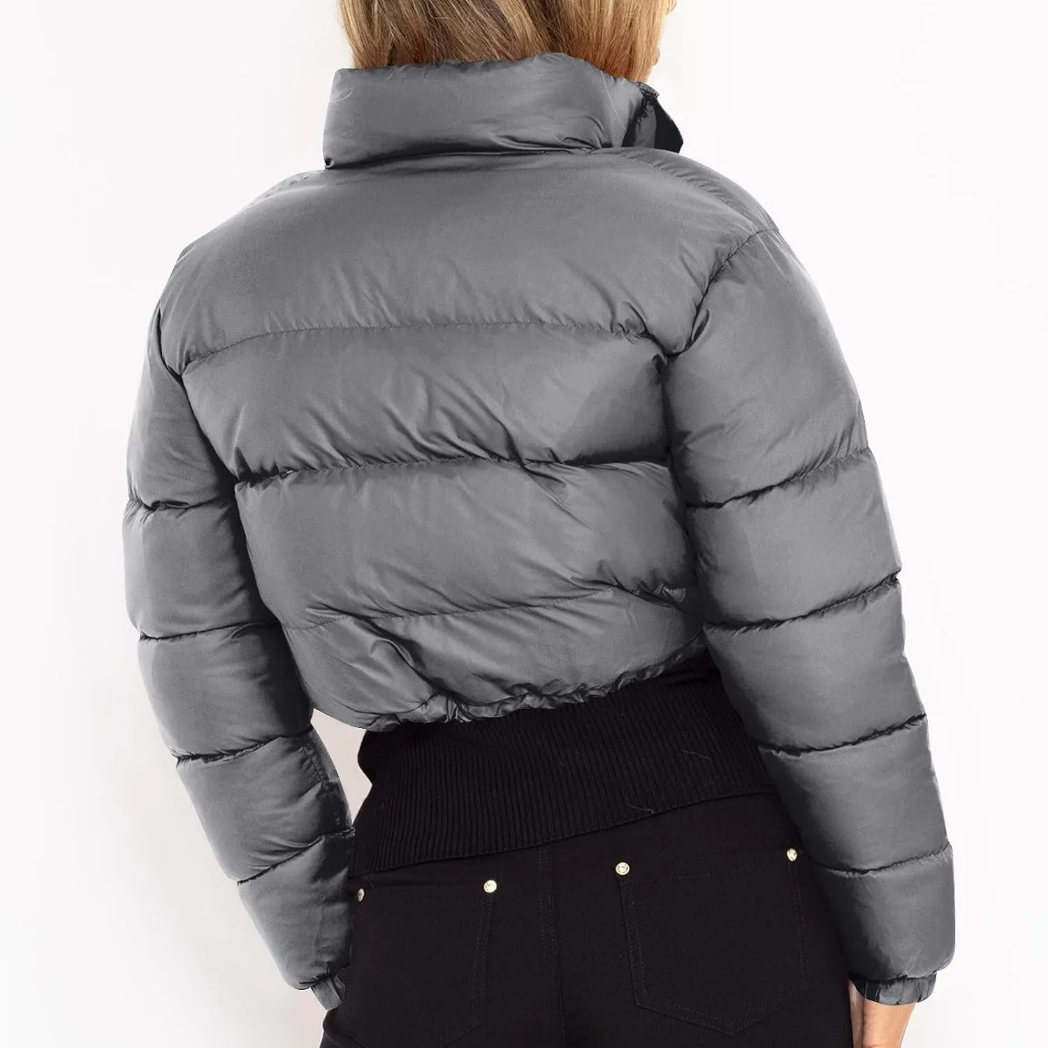 Women's Winter Cropped Puffer Jacket Stand Collar Zip Drawstring Short Padded Down Coats Slim Fit Outerwear