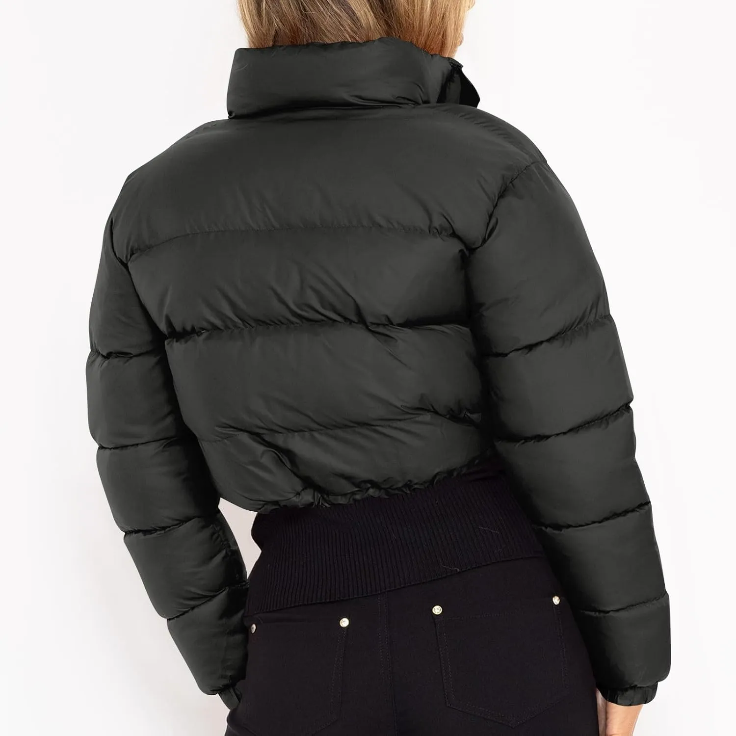 Women's Winter Cropped Puffer Jacket Stand Collar Zip Drawstring Short Padded Down Coats Slim Fit Outerwear
