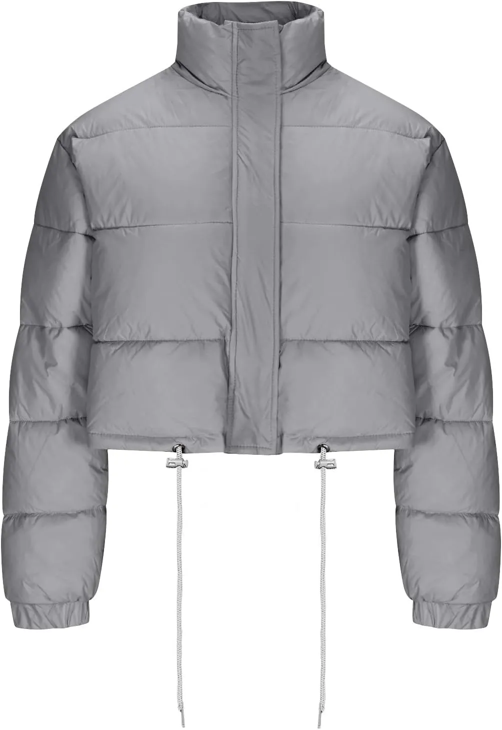 Women's Winter Cropped Puffer Jacket Stand Collar Zip Drawstring Short Padded Down Coats Slim Fit Outerwear