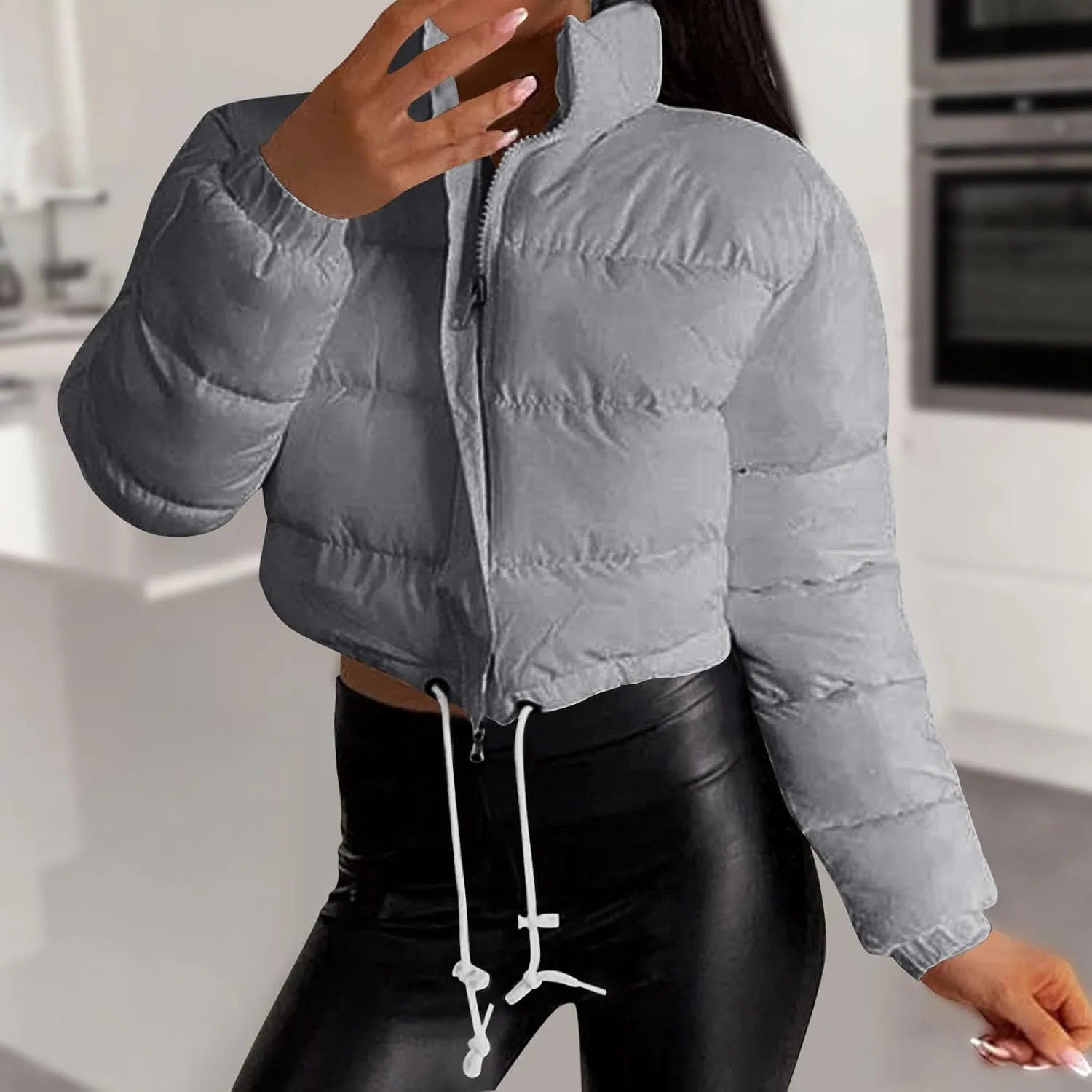 Women's Winter Cropped Puffer Jacket Stand Collar Zip Drawstring Short Padded Down Coats Slim Fit Outerwear