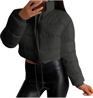 Women's Winter Cropped Puffer Jacket Stand Collar Zip Drawstring Short Padded Down Coats Slim Fit Outerwear